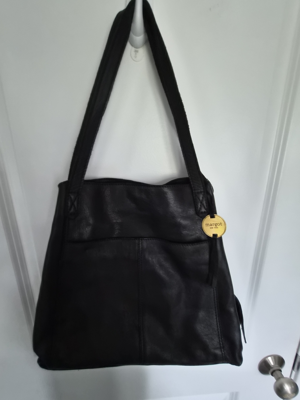 margot Black Leather Shoulder Tote with Gold Accent